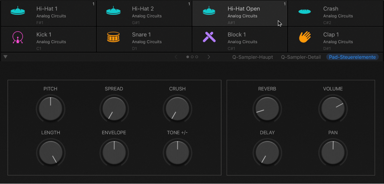 Abbildung. Drum Machine Designer mit einem ausgewählten Pad und Smart Controls-Parametern von Kit-Elementen