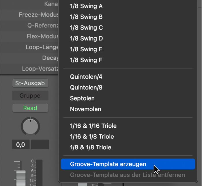 Abbildung. Im Einblendmenü „Quantisierung“ ausgewählter Befehl „Groove-Template erzeugen“