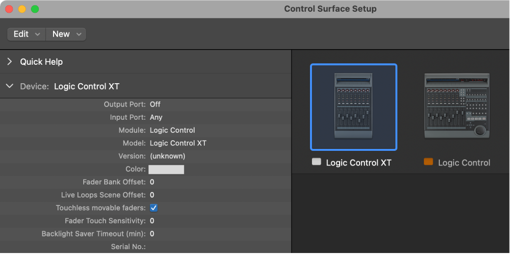 Figure. Control Surfaces Setup window, showing a control surface group.