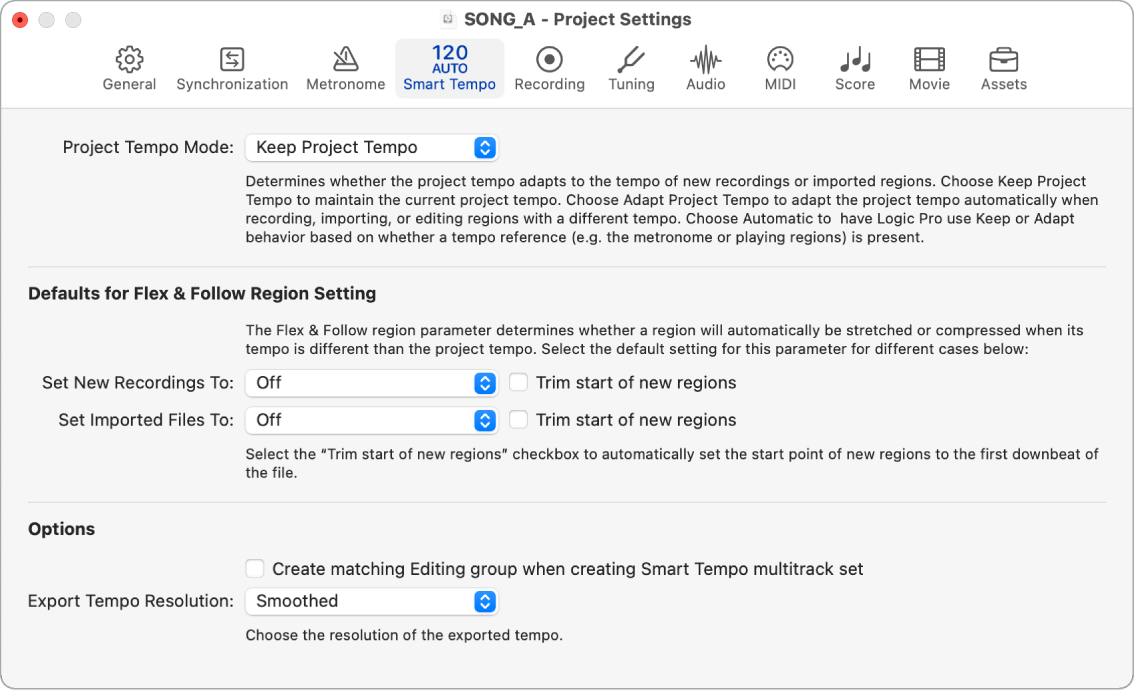 Figure. Smart Tempo settings.