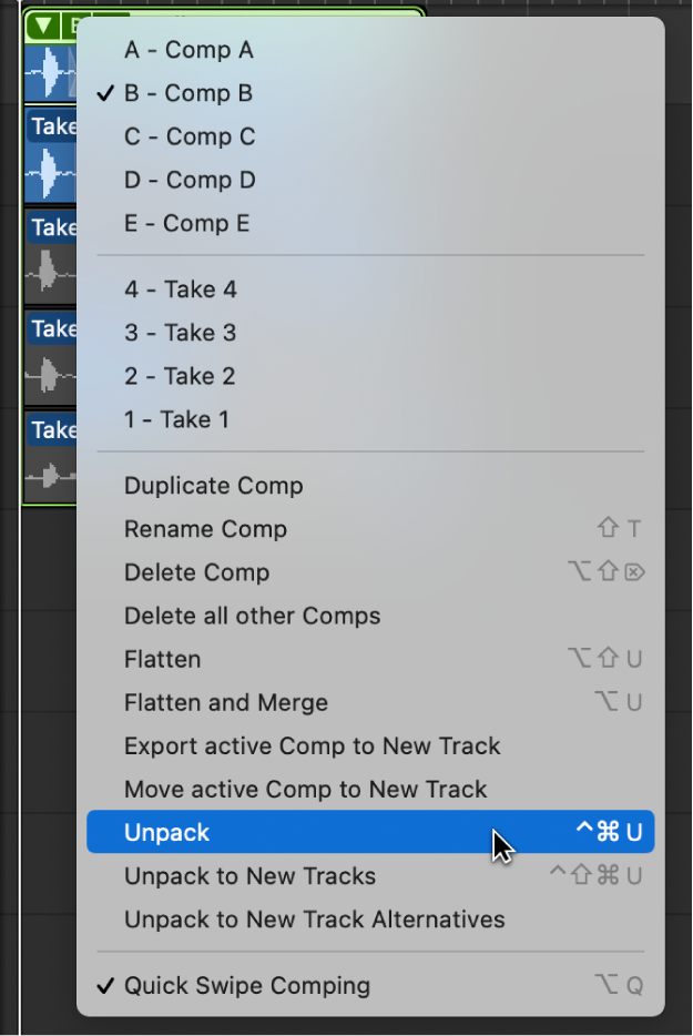 Figure. Choosing Unpack from the pop-up menu.