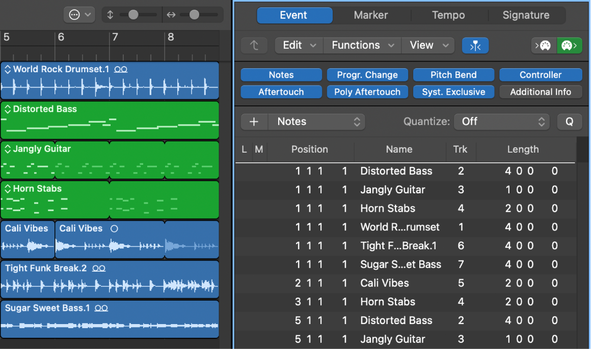 Figure. Event List tab showing all regions in Arrange window.