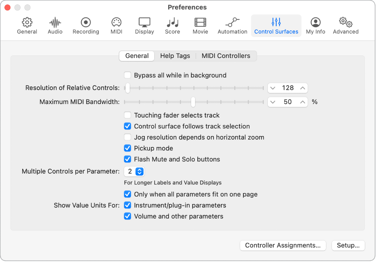 Figure. Control Surfaces preference window of Logic Pro.