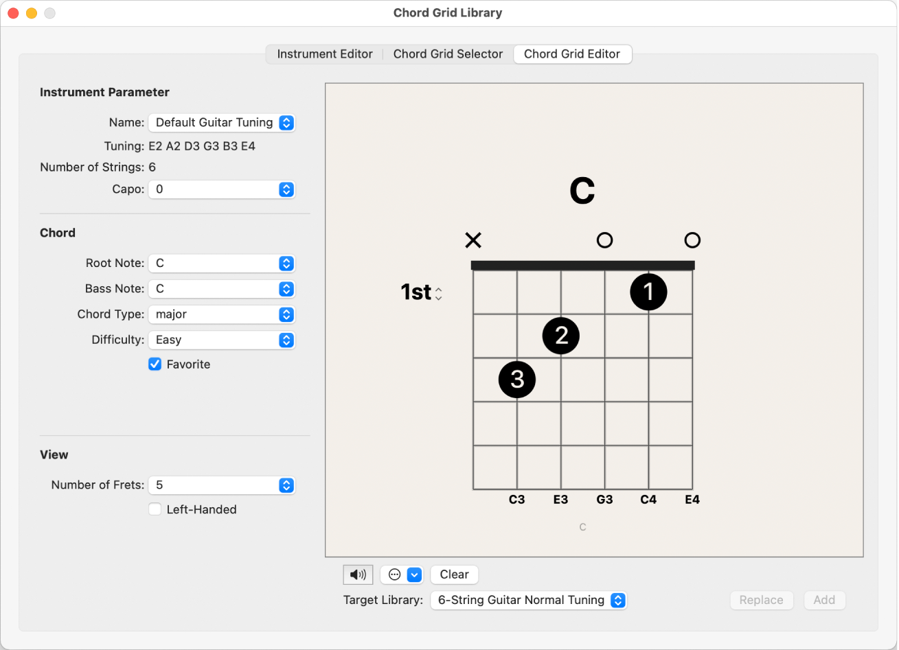 Figure. Chord Grid Editor pane in the Chord Grid Library window.