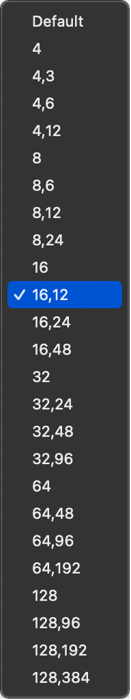 Figure. Display quantization parameters in the Quantize pop-up menu.