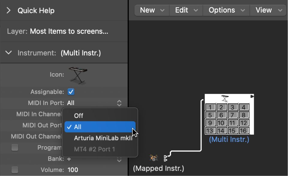 Figure. Port pop-up menu in the Object inspector showing MIDI output options.