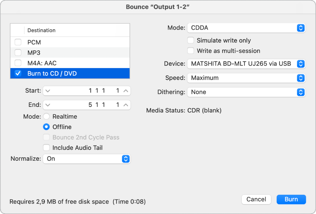 Figure. Burn options in the Bounce window.