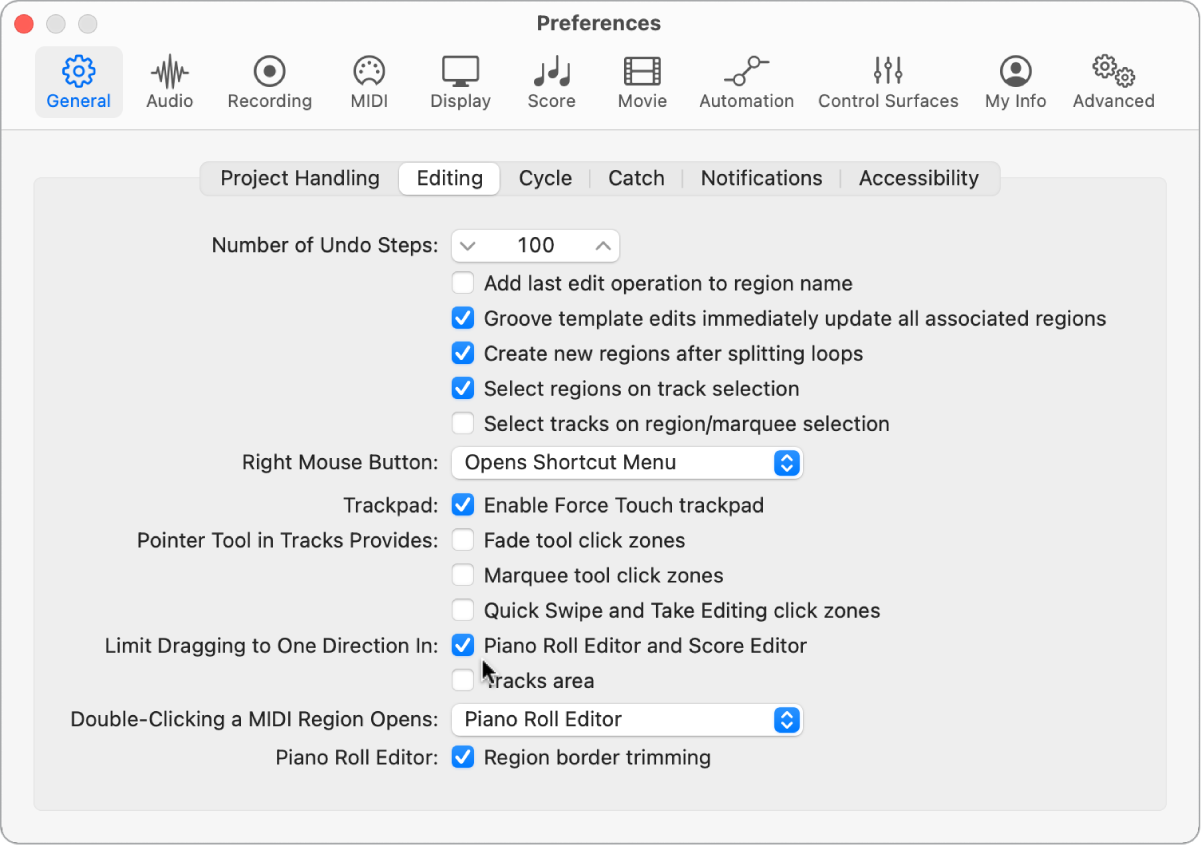 Figure. General Editing preferences indicating options to limit note movement dragging.