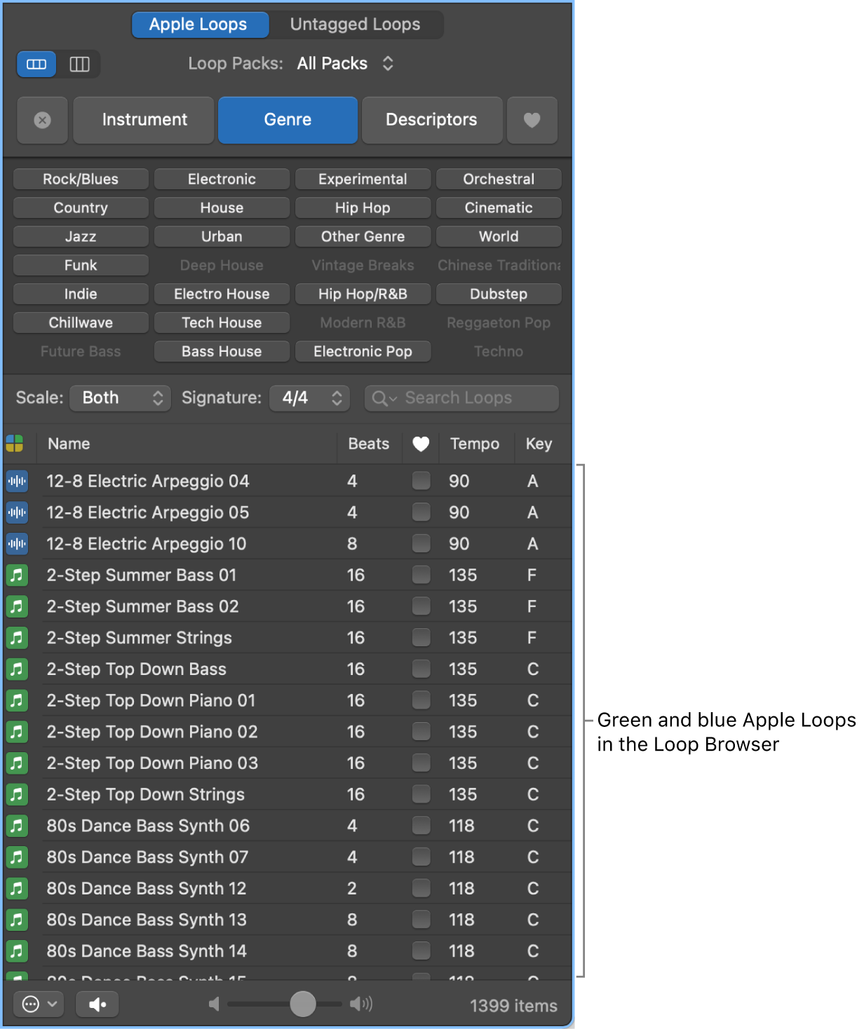 Loop Browser showing software instrument (green) and audio (blue) Apple Loops.