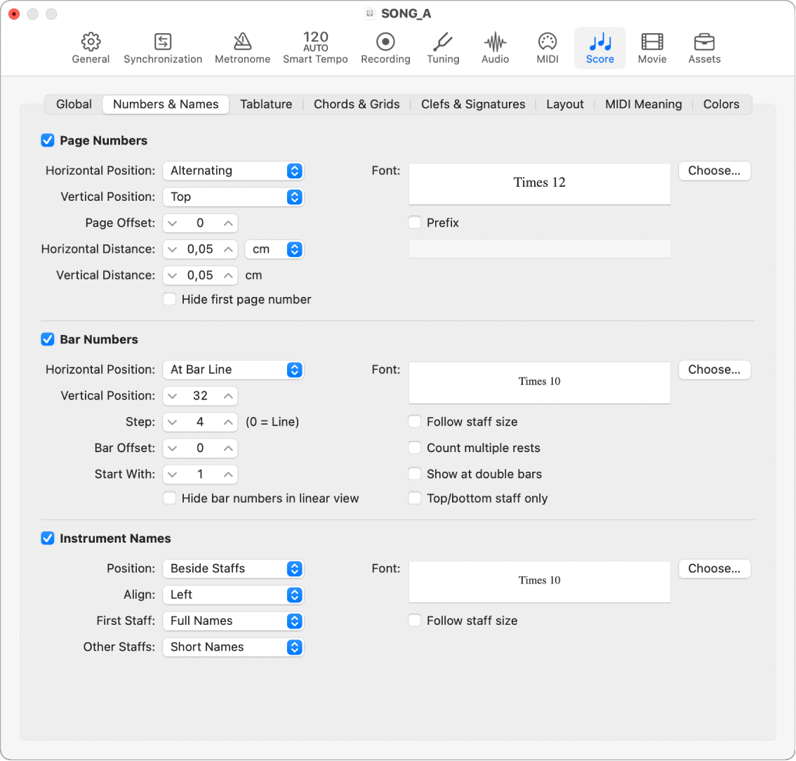 Figure. Score Numbers and Names settings.