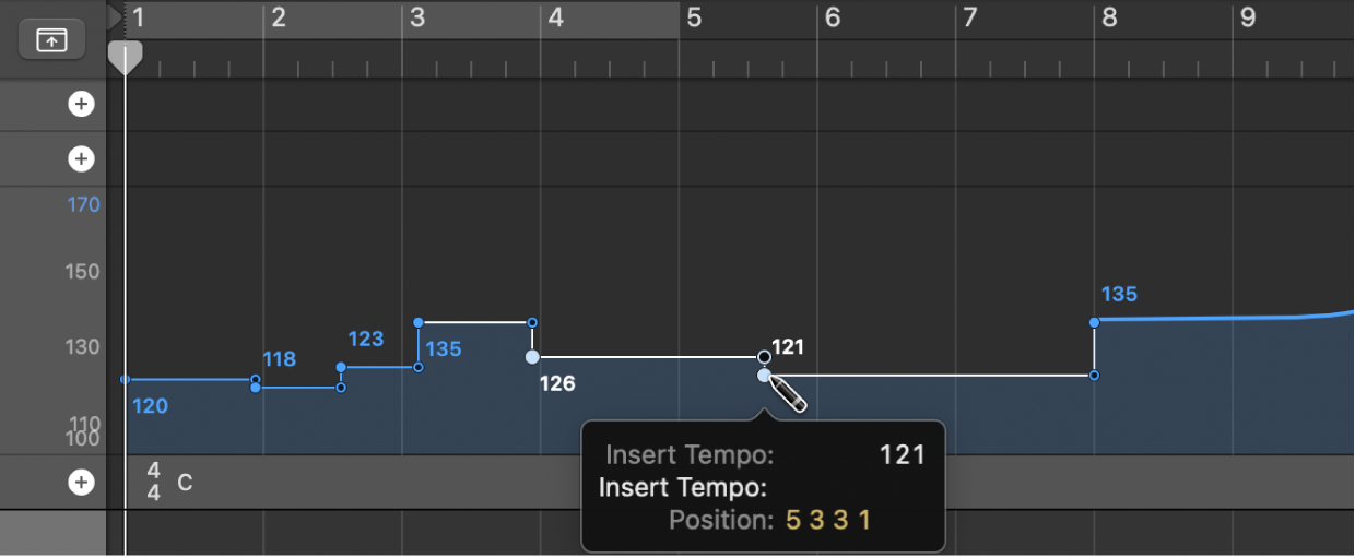 Figure. Inserting tempo change event with Pencil tool.