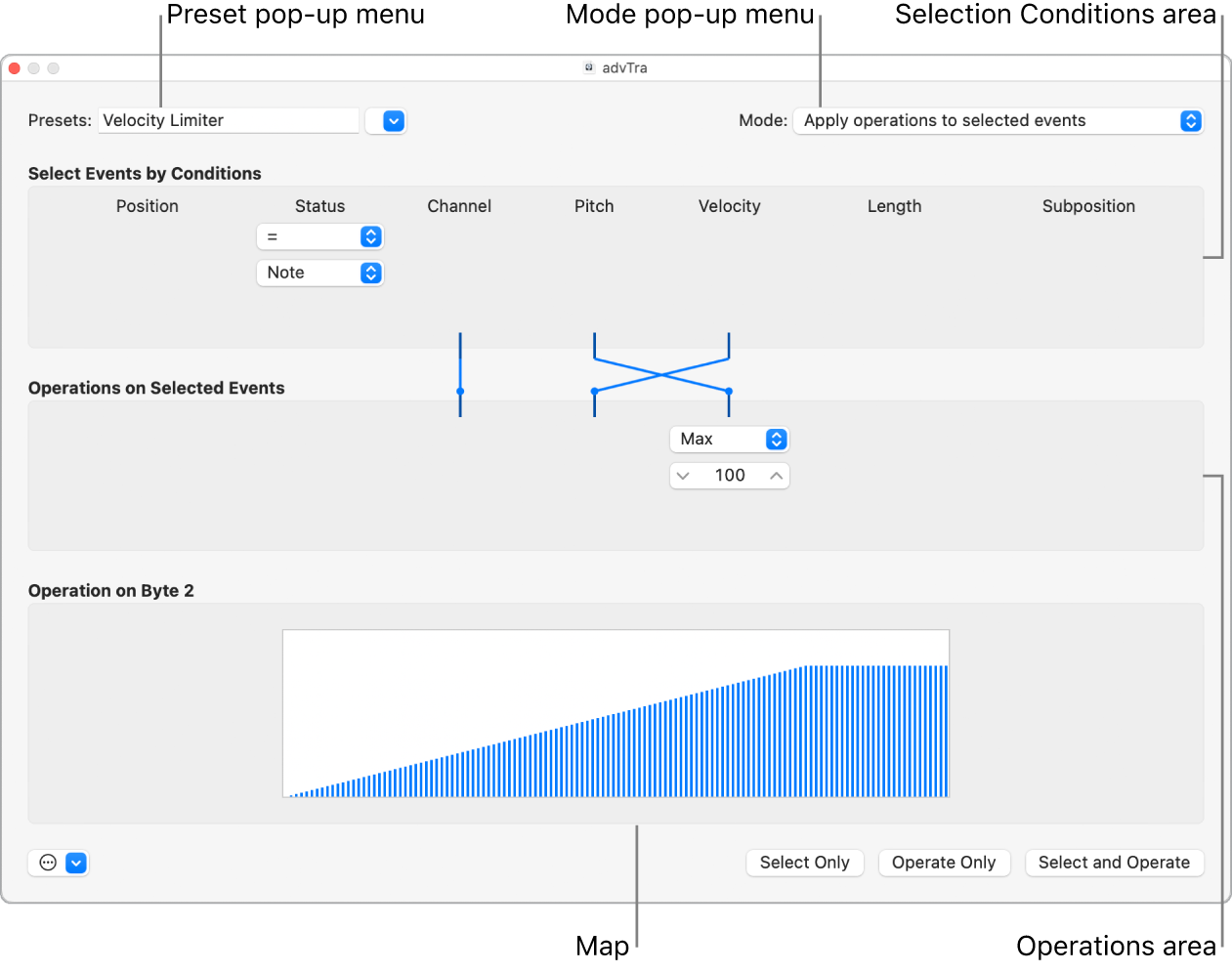 Figure. Pointing out the main parameters in the Transform window.