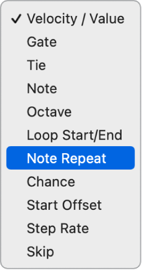 Step Sequencer Edit Mode selector pop-up menu.