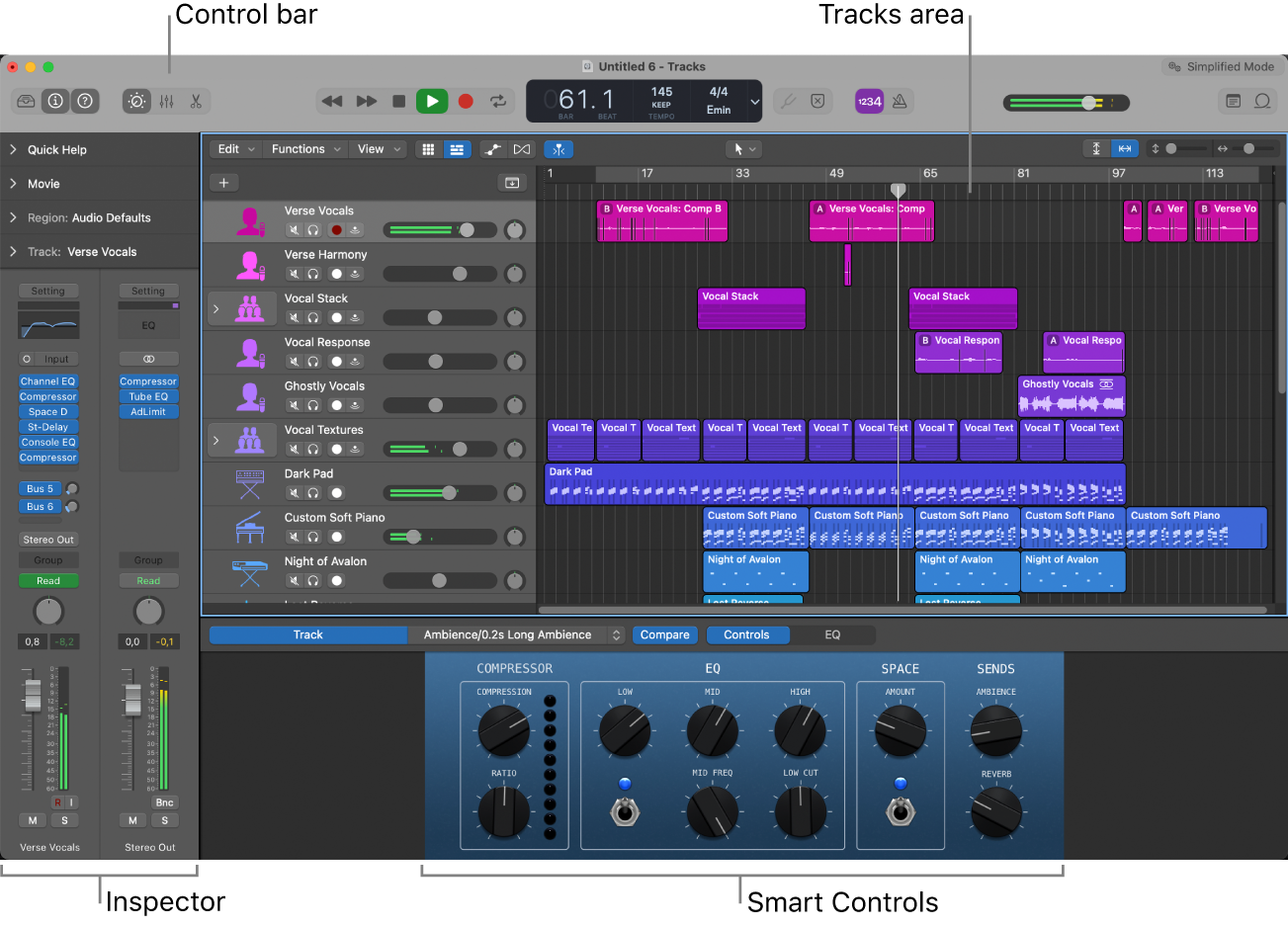 Figure. Logic Pro main window with main working areas.