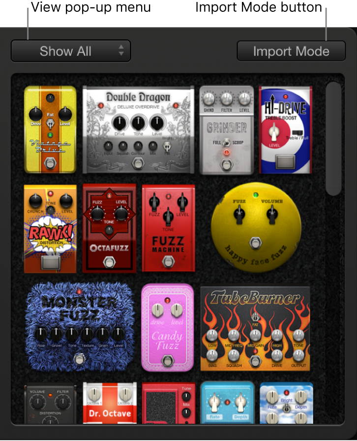 Figure. Pedal Browser, showing View pop-up menu and Import Mode button.