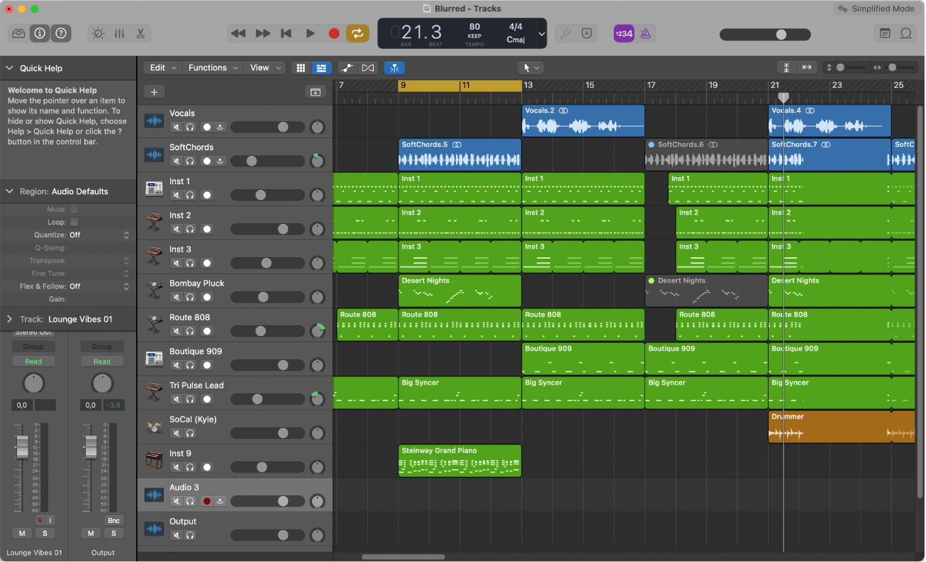 Figure. The Tracks area, showing audio, software instrument, and Drummer regions.