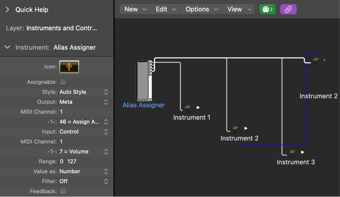 Figure. Environment window showing an alias assigner object and its inspector.