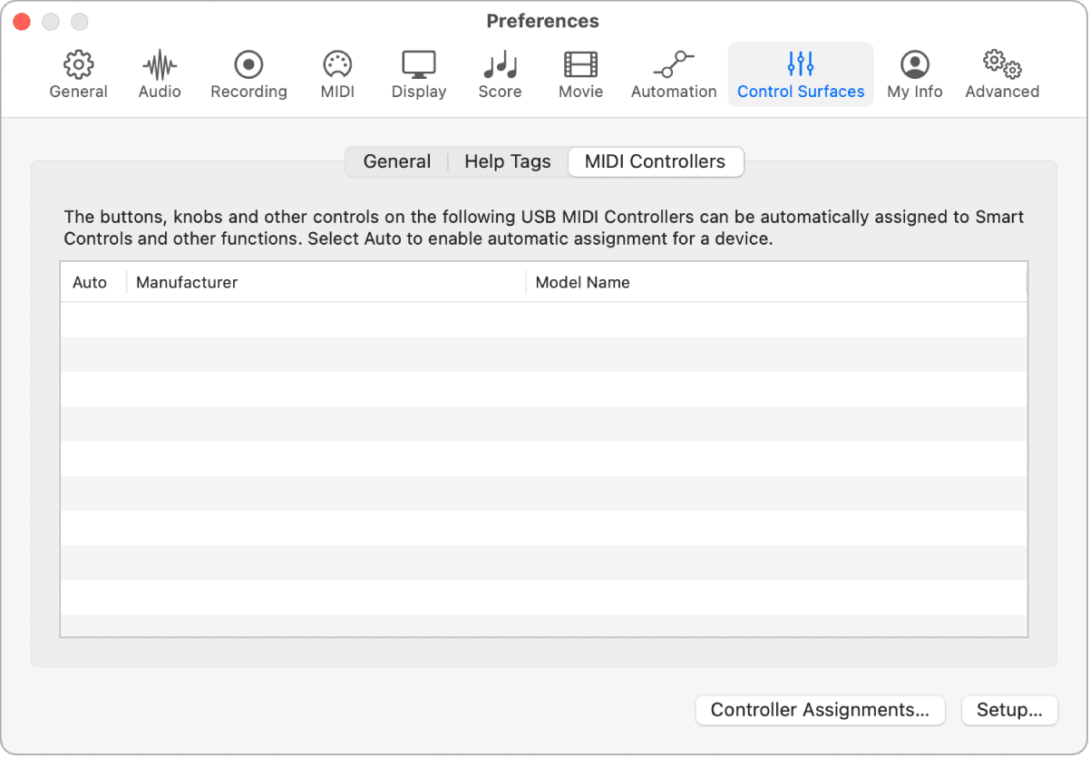 Figure. MIDI Controllers preferences of Logic Pro.