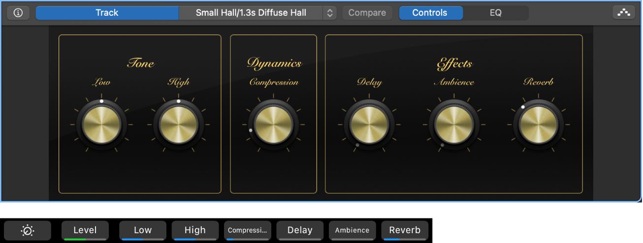 Figure. Software instrument track Smart Controls and dynamic Smart Controls screen shortcuts.