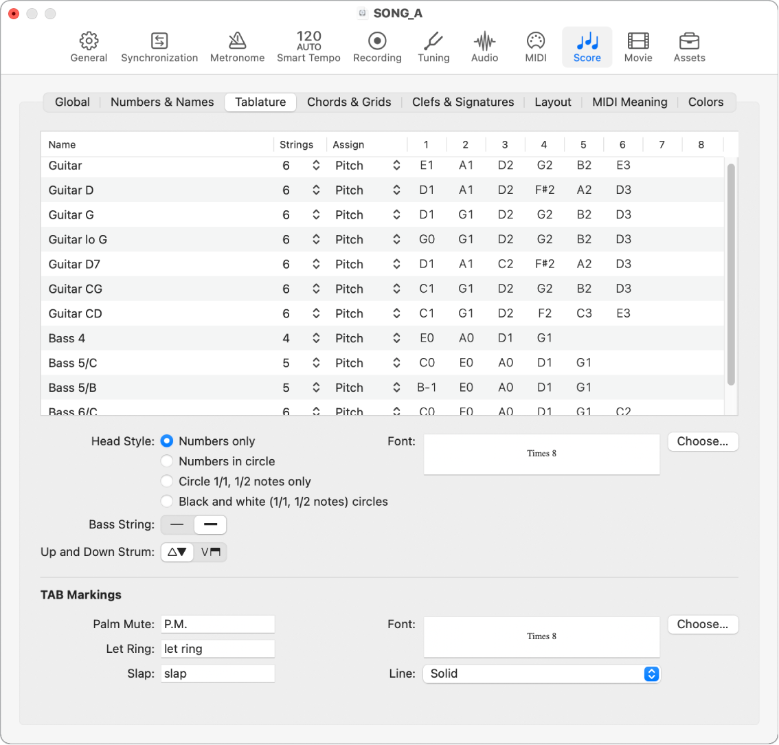 Figure. Score Tablature settings.