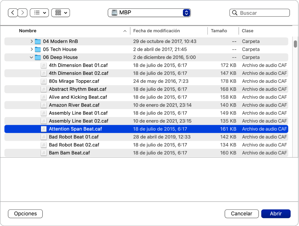 Ilustración. Selector de archivos de Sampler, que muestra un archivo de audio seleccionado, casillas de opciones y el botón Play.