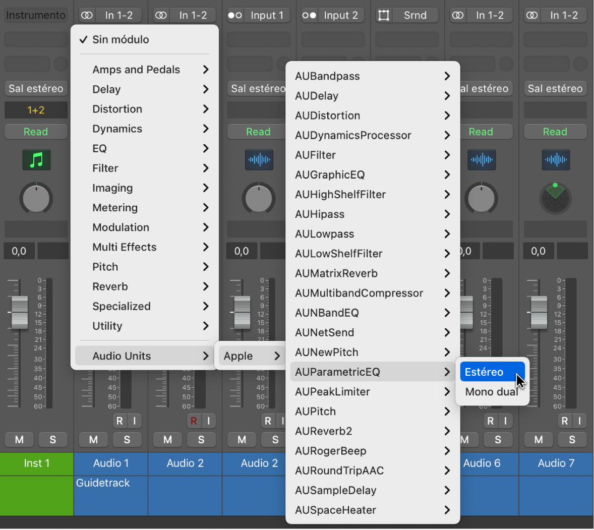 Submenú de Audio Units en el menú Módulos.