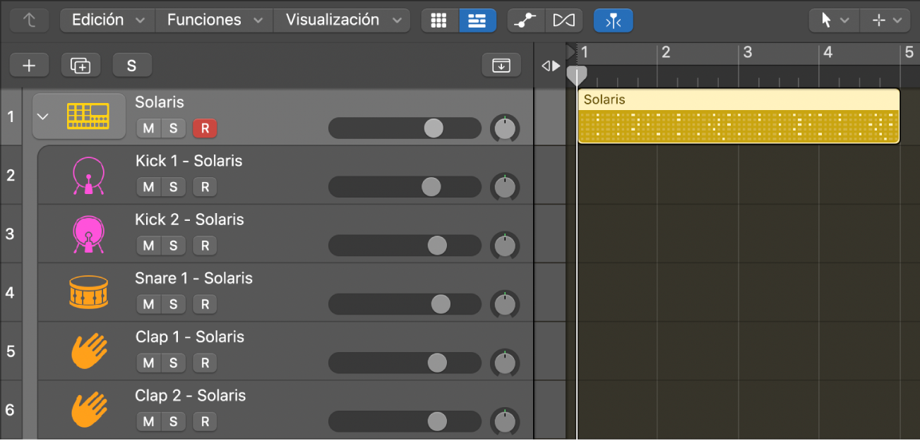 “Track Stack” de Drum Machine Designer con pasaje de patrón, mostrando subpistas vacías.