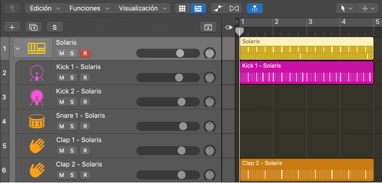 “Track Stack” de Drum Machine Designer ahora se divide, mostrando pasajes de patrón en las subpistas.