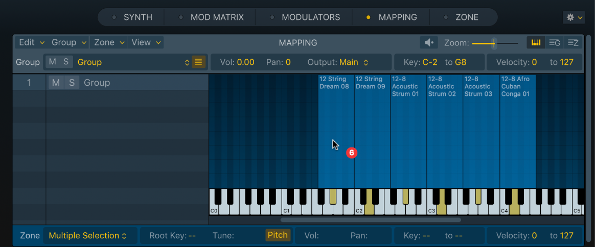 Ilustración. Editor de asociaciones de teclas de Sampler, que muestra varios archivos de audio arrastrados a un intervalo de teclas.