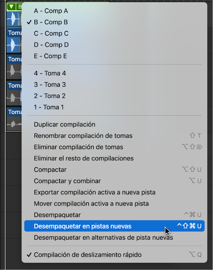 Ilustración. Se está seleccionando la opción “Desempaquetar en pistas nuevas” en el menú desplegable.