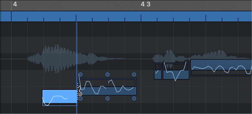 Ilustración. Se está cortando una nota con la herramienta Tijeras en el editor de pistas de audio.