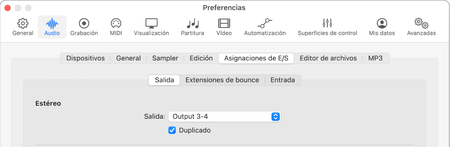 Ilustración. Panel Salida del panel “Asignaciones de E/S” en el panel de preferencias Audio.