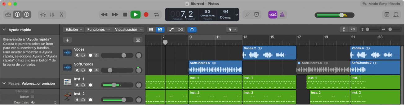 Ilustración. Parte superior del área Pistas con la regla y el cursor de reproducción.