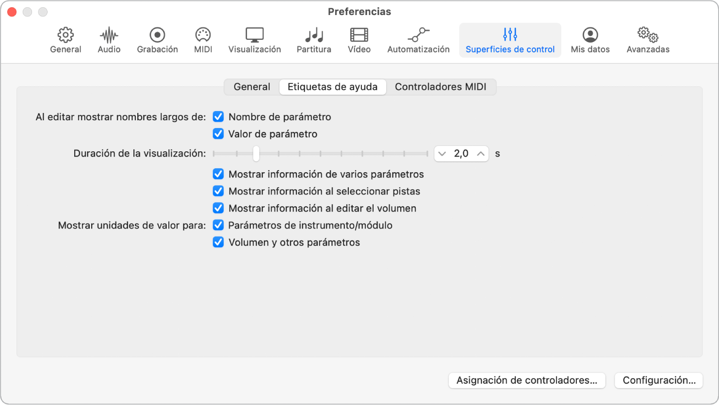 Ilustración. Preferencias de las etiquetas de ayuda de Logic Pro.