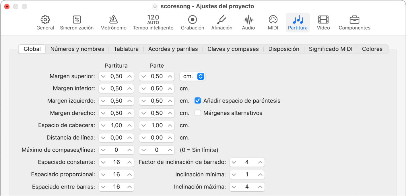Ilustración. Panel Global de los ajustes de partitura del proyecto.