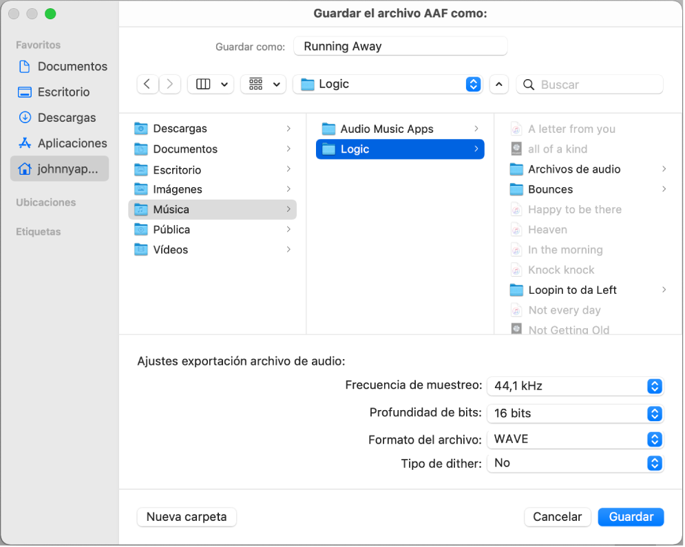 Cuadro de diálogo “Guardar el archivo AAF como”.