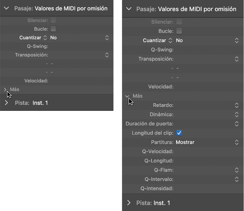 Ilustración. Par de imágenes con parámetros de cuantización de pasajes de audio y MIDI en el inspector de pasajes.