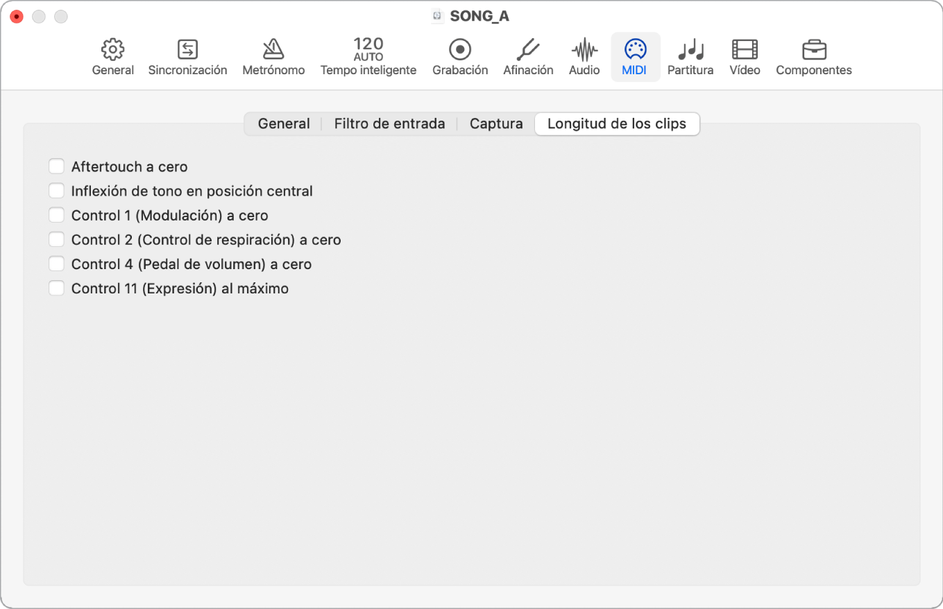 Ilustración. Ajustes de longitud del clip MIDI.