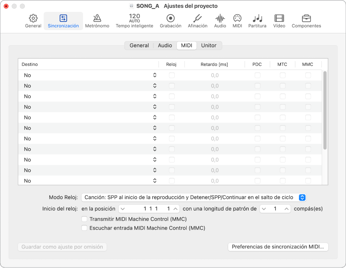 Ilustración. Ajustes de sincronización MIDI.