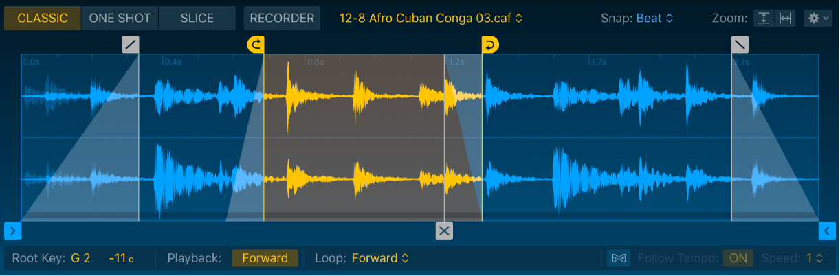 Ilustración. Visualización de onda del modo Classic de Quick Sampler, que muestra los marcadores de inicio y de final, los marcadores de inicio y de final del loop y un pasaje de loop, el marcador Crossfade y los parámetros del modo Classic seleccionados.