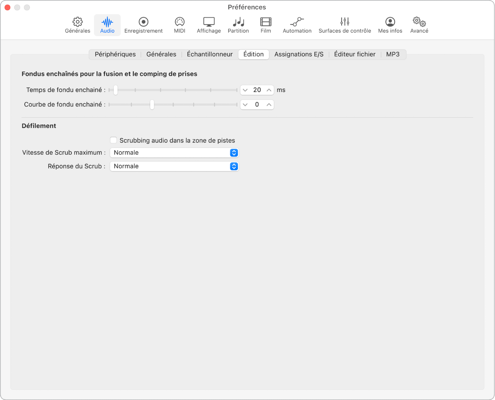 Figure. Préférences d’édition audio.