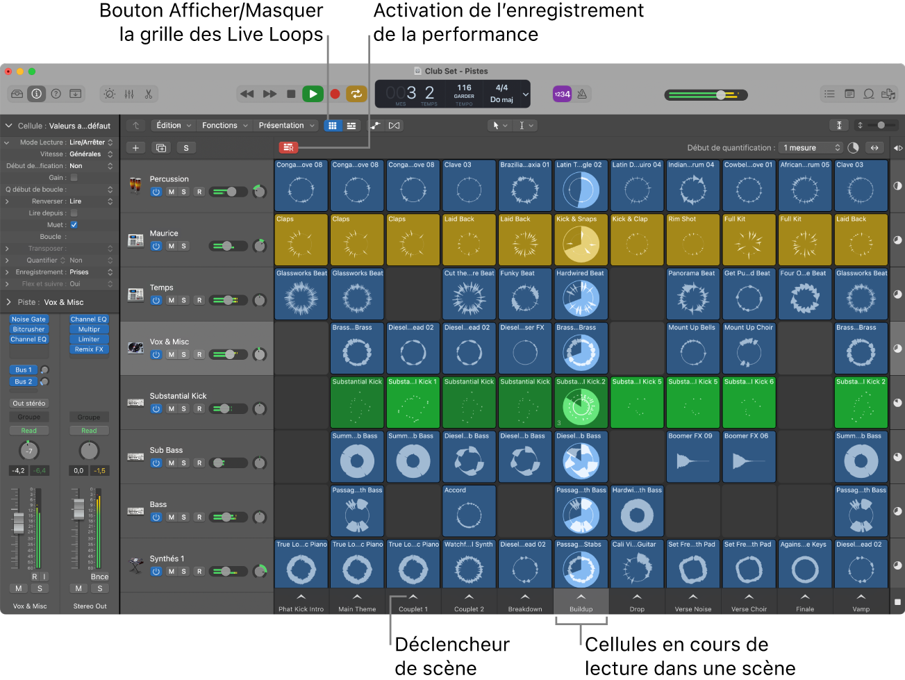 Figure. Grille des Live Loops avec des cellules en cours de lecture.