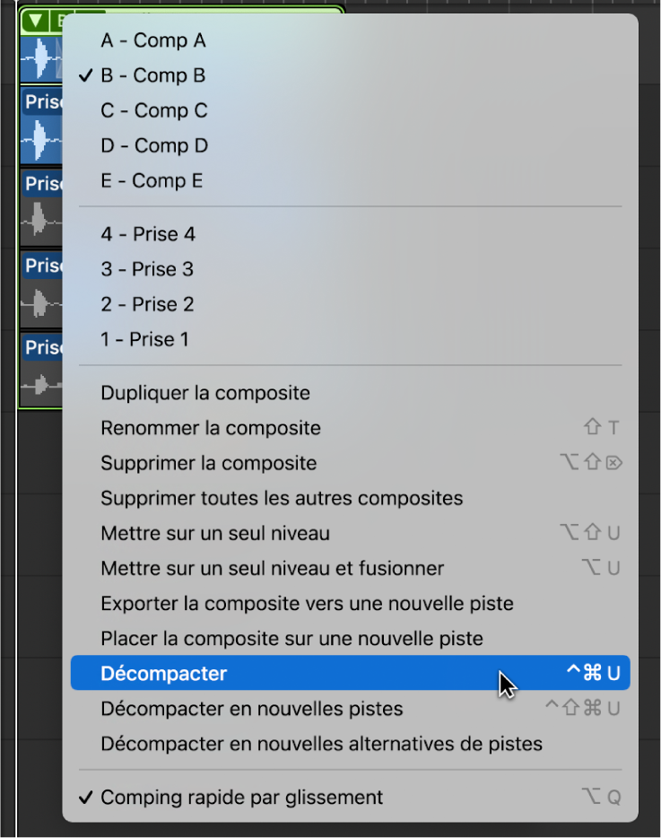 Figure. Sélection de Décompacter dans le menu local.