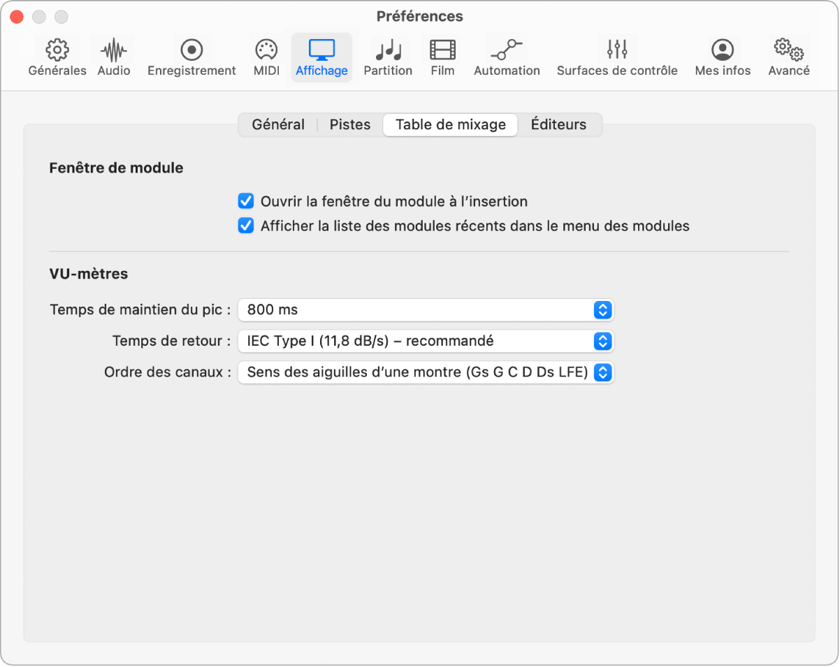 Figure. Préférences d’affichage de la table de mixage.