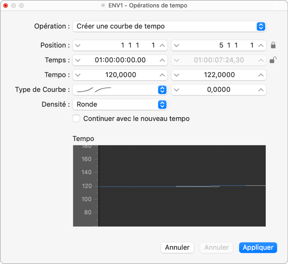 Figure. Fenêtre Opérations de tempo.