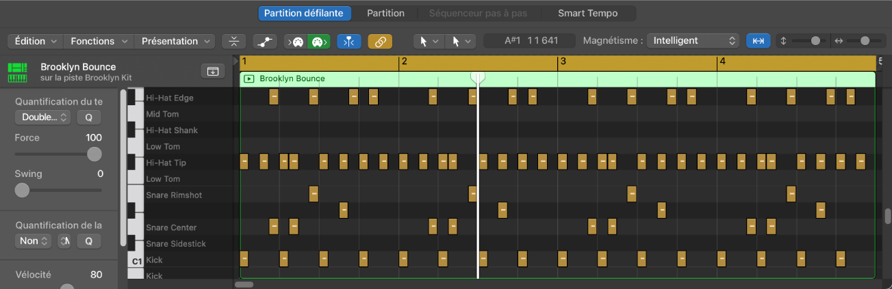 Figure. Fenêtre de l’éditeur de partition défilante avec noms d’étiquettes de notes.