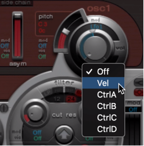 Figure. Menu local et réglage de modulation Via de l’oscillateur 1.