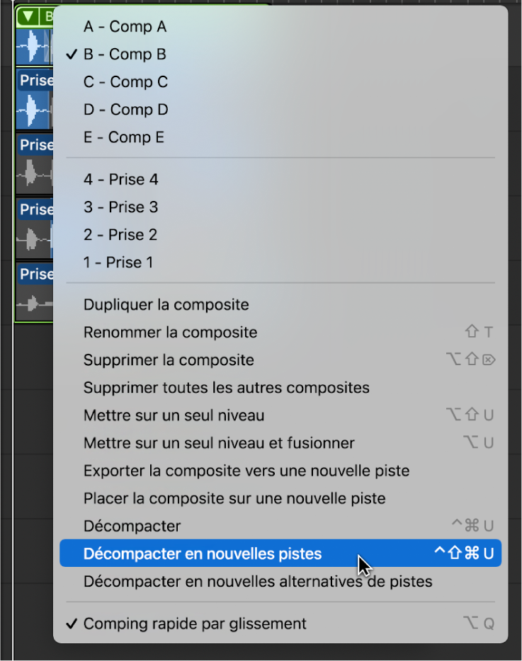 Figure. Sélection de « Décompacter en nouvelles pistes » dans le menu local.