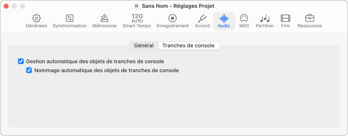 Figure. Réglages audio des tranches de console.