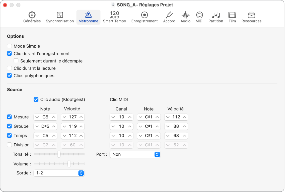 Figure. Réglages Métronome.